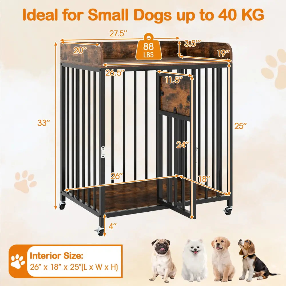 27.5 Inch Dog Crate Furniture with Wheels for Small Dogs and Puppies-Rustic Brown - Rustic Brown - Dog Kennels