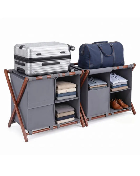 27’’ Bamboo Luggage Rack Set of 2 with 5 Nylon Straps and Compartments for Hotel-Walnut & Gray - Walnut & Gray - Shoe