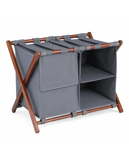 27’’ Bamboo Luggage Rack with 5 Nylon Straps and Compartments for Guest Room Hotel-Walnut & Grey - Walnut & Gray - Shoe