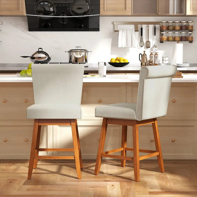 27 Inch Counter Height Bar Chairs with Rubber Wood Legs Set of 2-Beige - Beige - Patio Bar Furniture