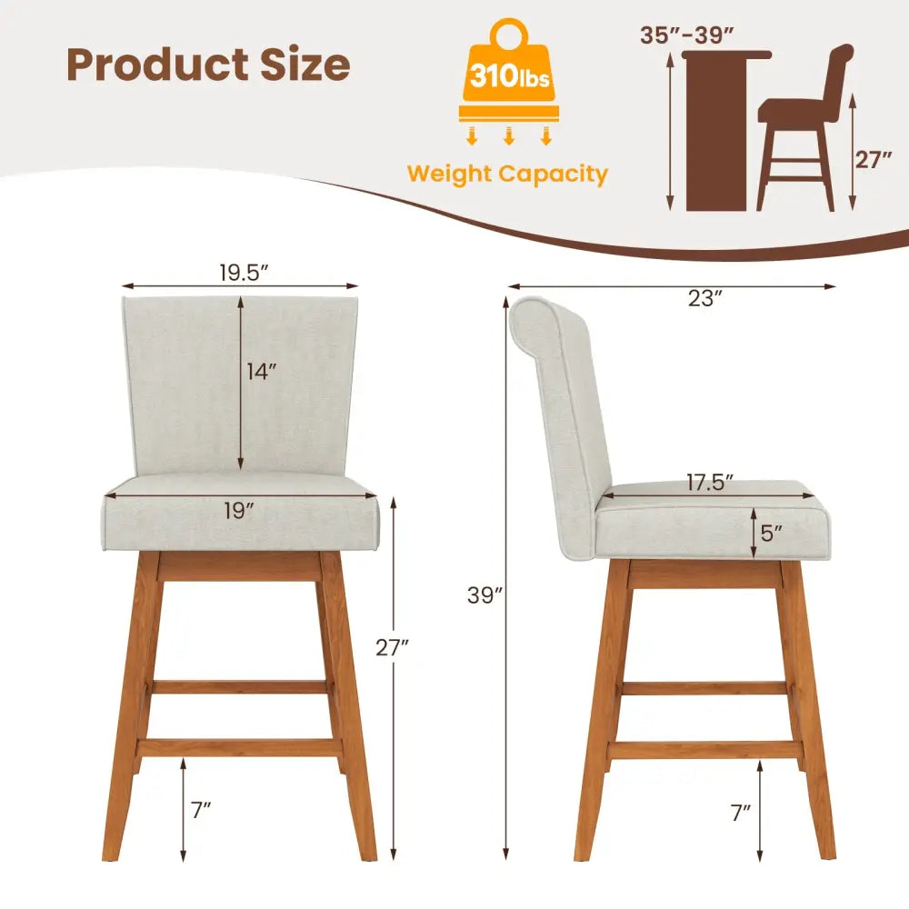 27 Inch Counter Height Bar Chairs with Rubber Wood Legs Set of 2-Beige - Beige - Patio Bar Furniture