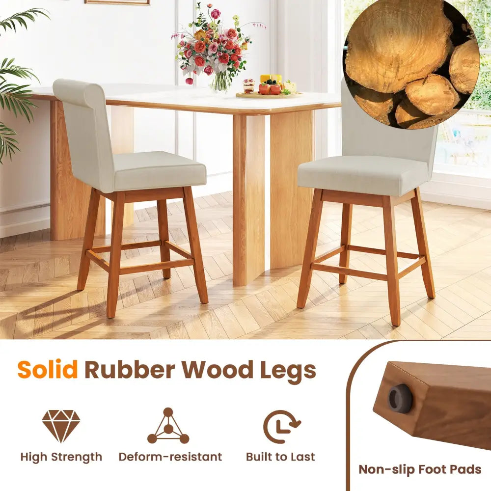 27 Inch Counter Height Bar Chairs with Rubber Wood Legs Set of 2-Beige - Beige - Patio Bar Furniture
