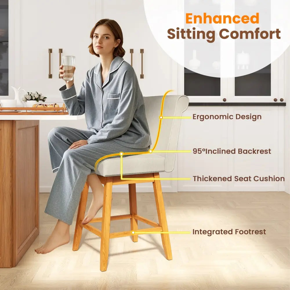 27 Inch Counter Height Bar Chairs with Rubber Wood Legs Set of 2-Beige - Beige - Patio Bar Furniture