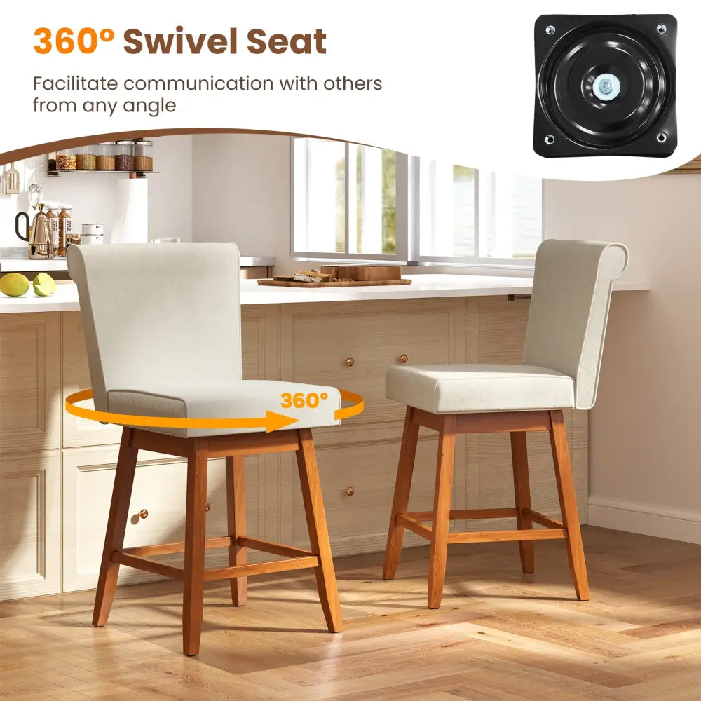 27 Inch Counter Height Bar Chairs with Rubber Wood Legs Set of 2-Beige - Beige - Patio Bar Furniture