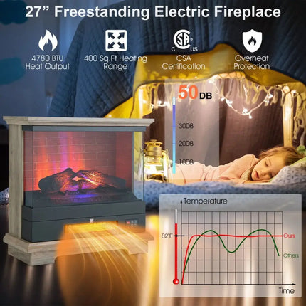 27 Inch Freestanding Electric Fireplace with 3-Level Vivid Flame Thermostat-Natural Costway