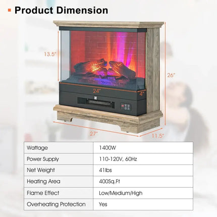 27 Inch Freestanding Electric Fireplace with 3-Level Vivid Flame Thermostat-Natural Costway