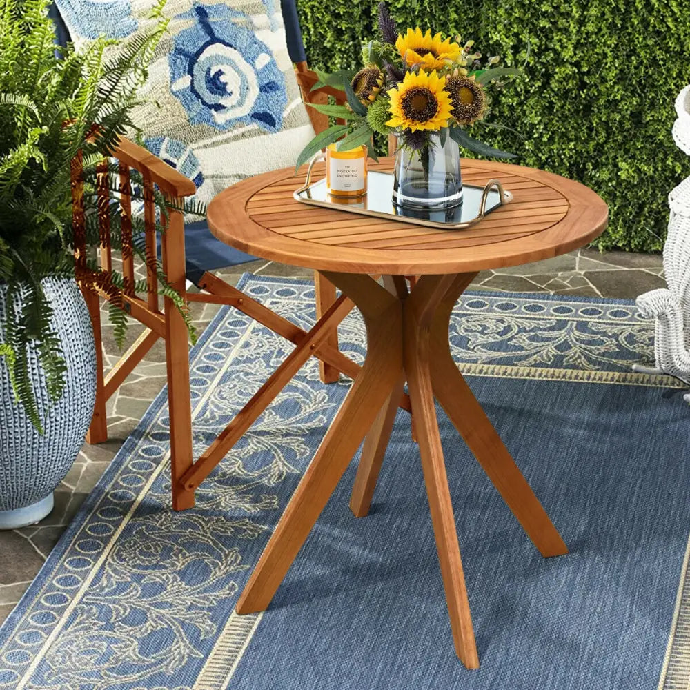 27 Inch Outdoor Round Solid Wood Coffee Side Bistro Table - Brown - Patio Coffee Tables