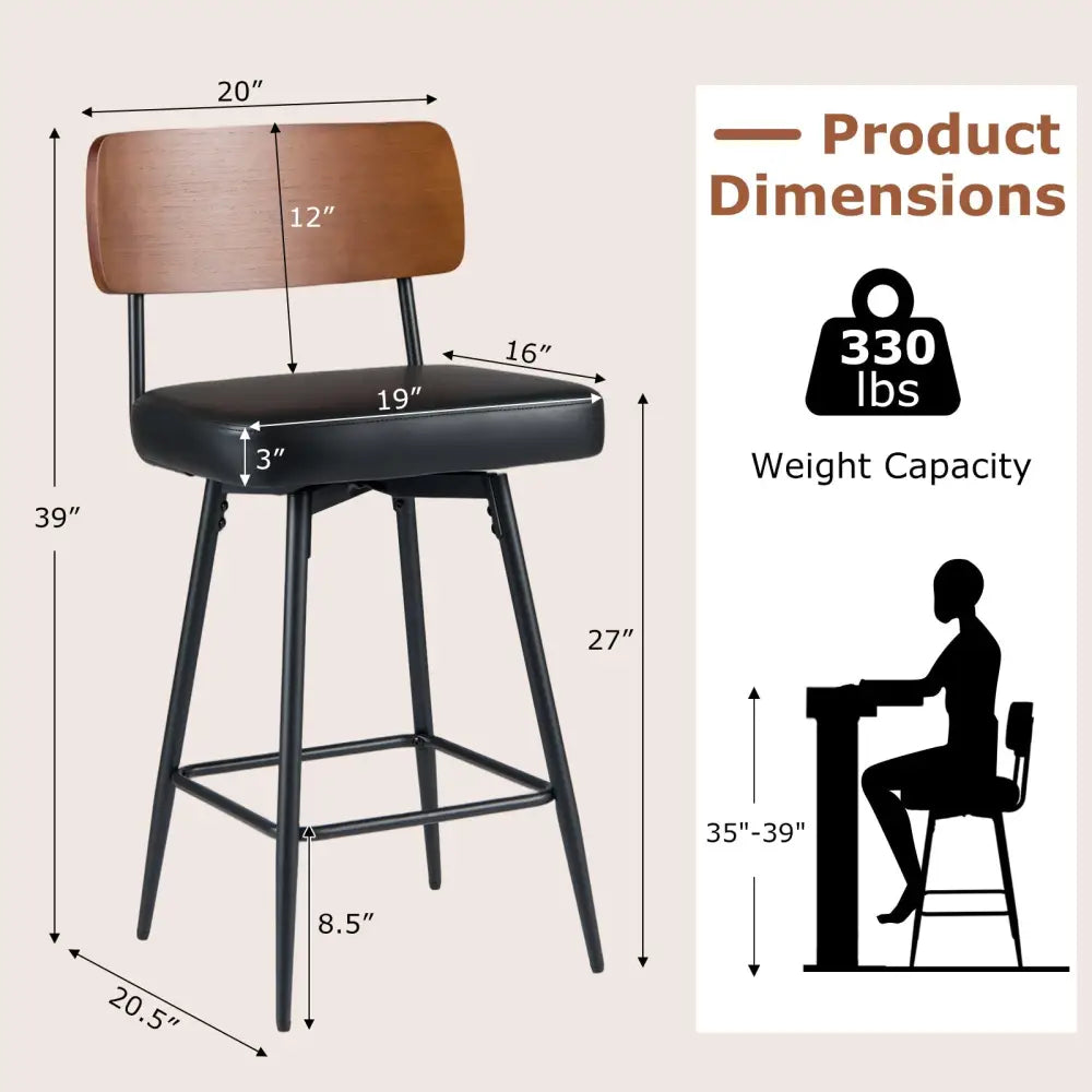 27 Inch Padded Counter Barstools Set of 2 with Metal Legs-Black Costway