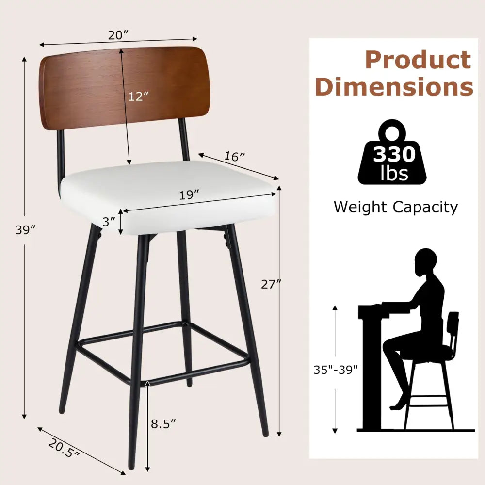 27 Inch Padded Counter Barstools Set of 2 with Metal Legs-White - White - Bar Stools