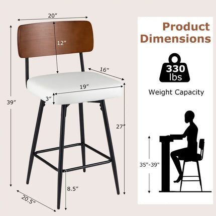 27 Inch Padded Counter Barstools Set of 2 with Metal Legs-White Costway