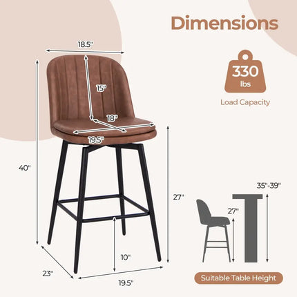 27 Inch Swivel Bar Stool Set of 2 Counter Height Chair with Padded Seat-Black and Brown Costway