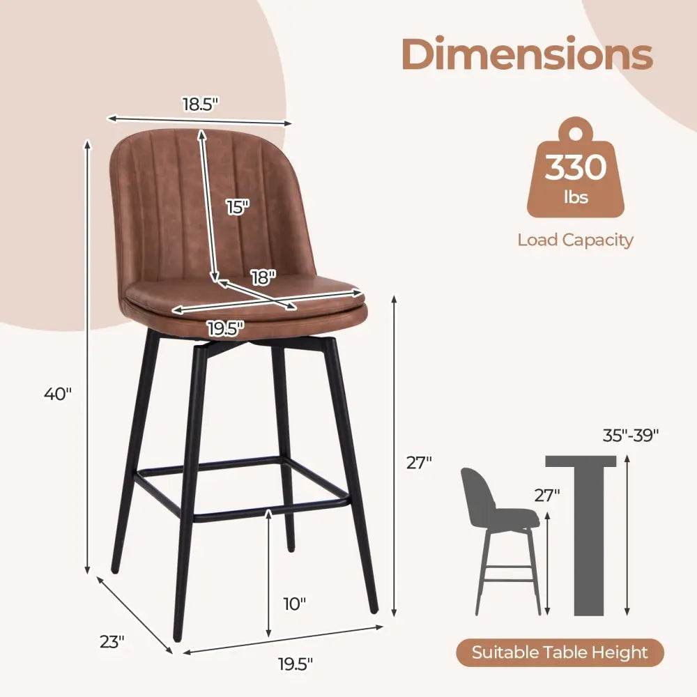 27 Inch Swivel Bar Stool Set of 2 Counter Height Chair with Padded Seat-Black and Brown Costway