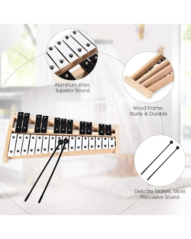 27 Note Glockenspiel Xylophone with 2 Rubber Mallets - Black & White - Drums & Percussion