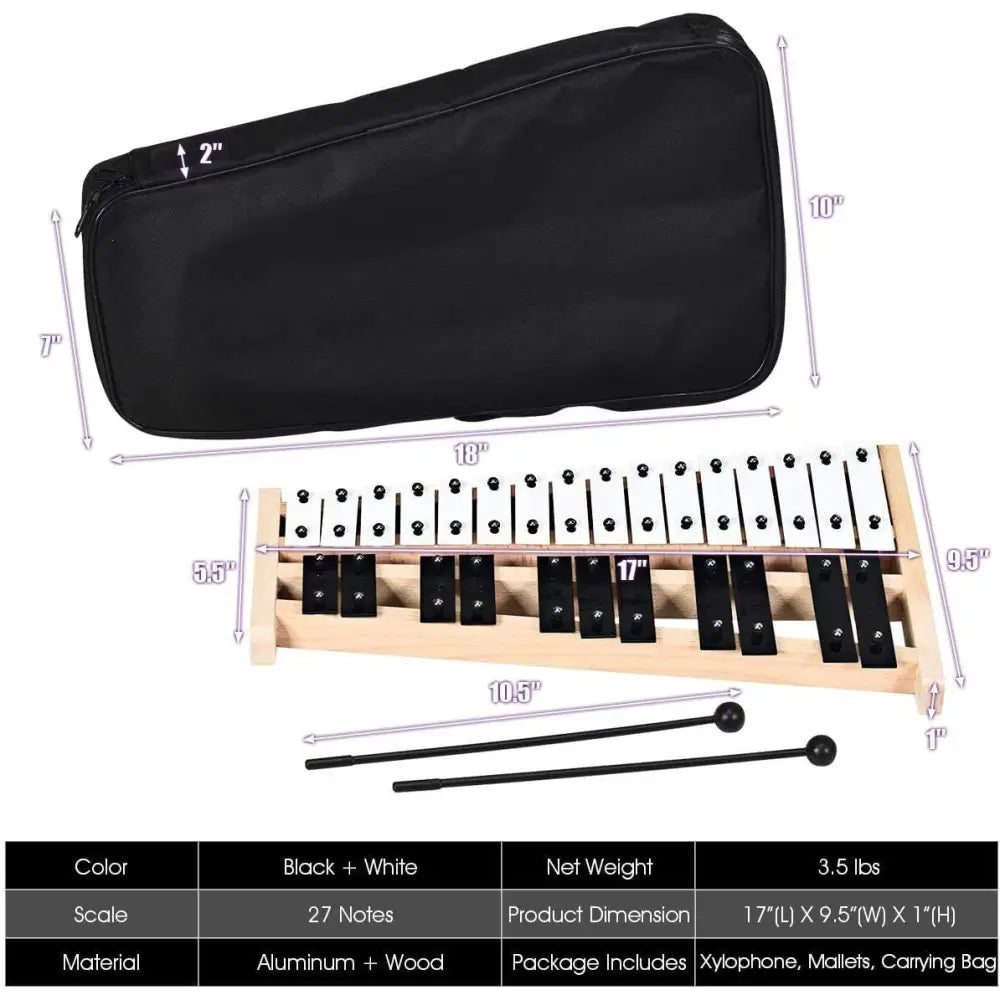 27 Note Glockenspiel Xylophone with 2 Rubber Mallets - Black & White - Drums & Percussion