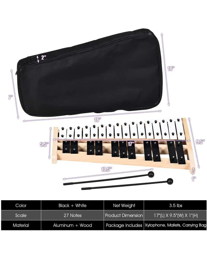 27 Note Glockenspiel Xylophone with 2 Rubber Mallets - Black & White - Drums & Percussion