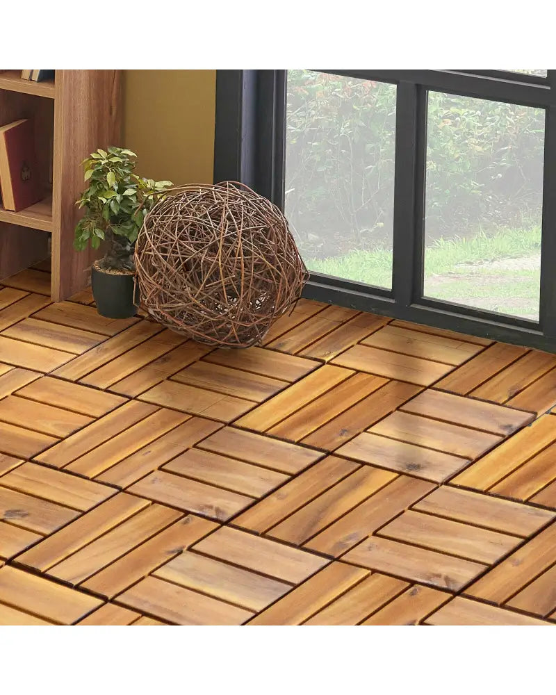 27 Pieces Acacia Wood Interlocking Patio Deck Tile - Natural - Outdoor Deck Tiles & Planks