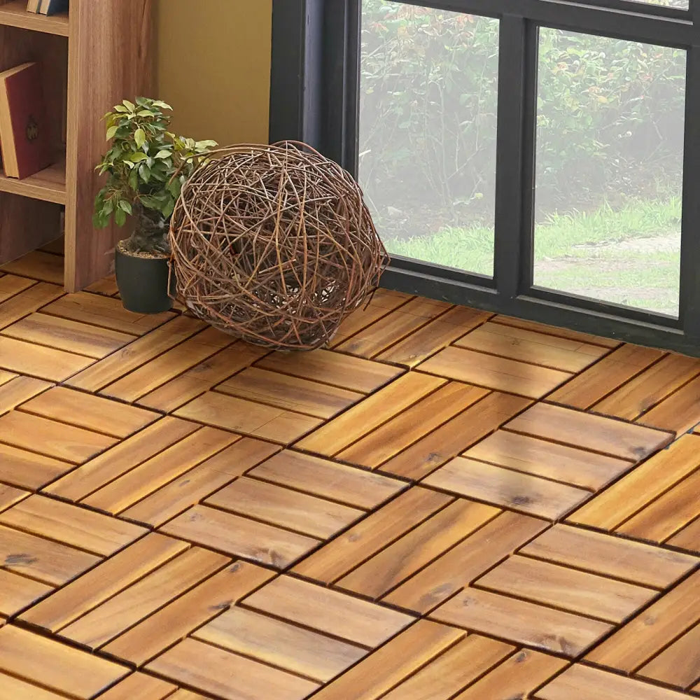 27 Pieces Acacia Wood Interlocking Patio Deck Tile - Natural - Outdoor Deck Tiles & Planks