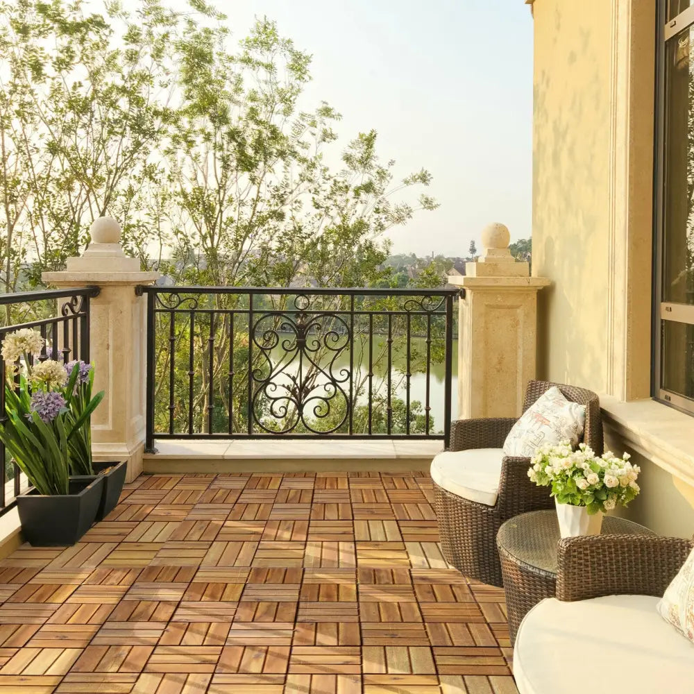 27 Pieces Acacia Wood Interlocking Patio Deck Tile - Natural - Outdoor Deck Tiles & Planks