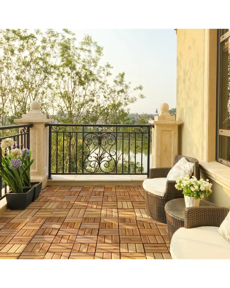 27 Pieces Acacia Wood Interlocking Patio Deck Tile - Natural - Outdoor Deck Tiles & Planks