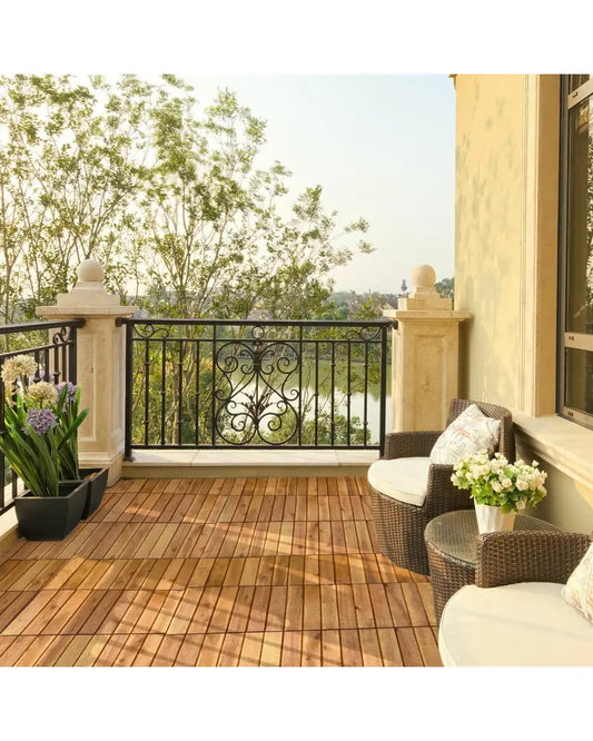 27 Pieces Interlocking Acacia Wood Interlocking Patio Deck Tile - Natural - Outdoor Deck Tiles & Planks