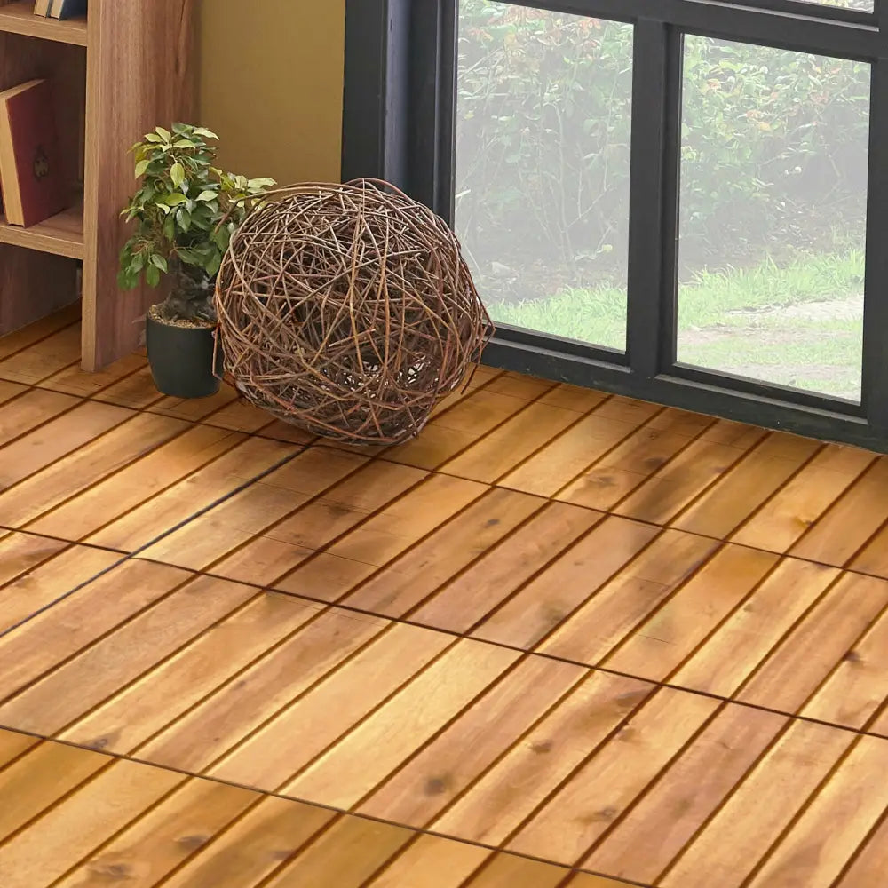 27 Pieces Interlocking Acacia Wood Interlocking Patio Deck Tile - Natural - Outdoor Deck Tiles & Planks
