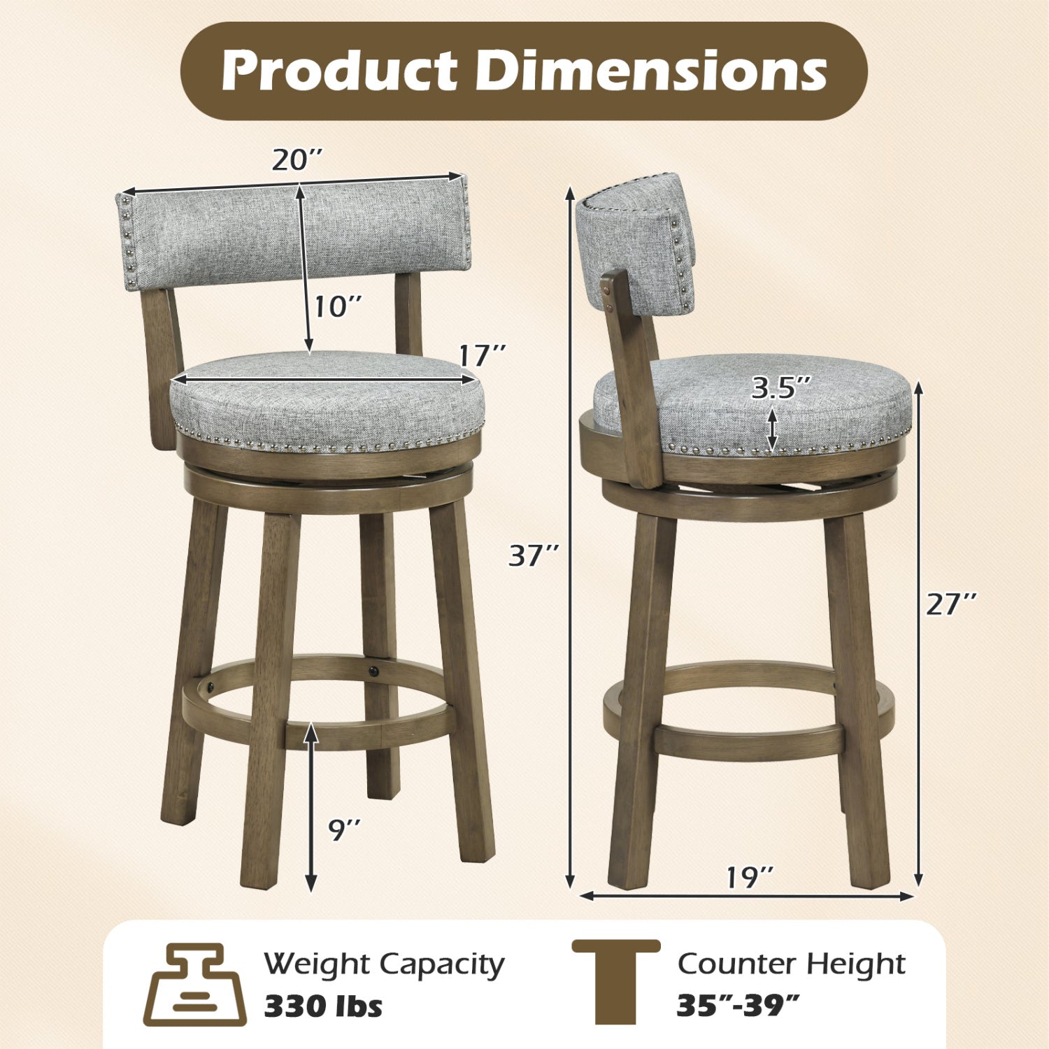 27/31 Inch Swivel Bar Stool with Upholstered Back Seat and Footrest-27 inches