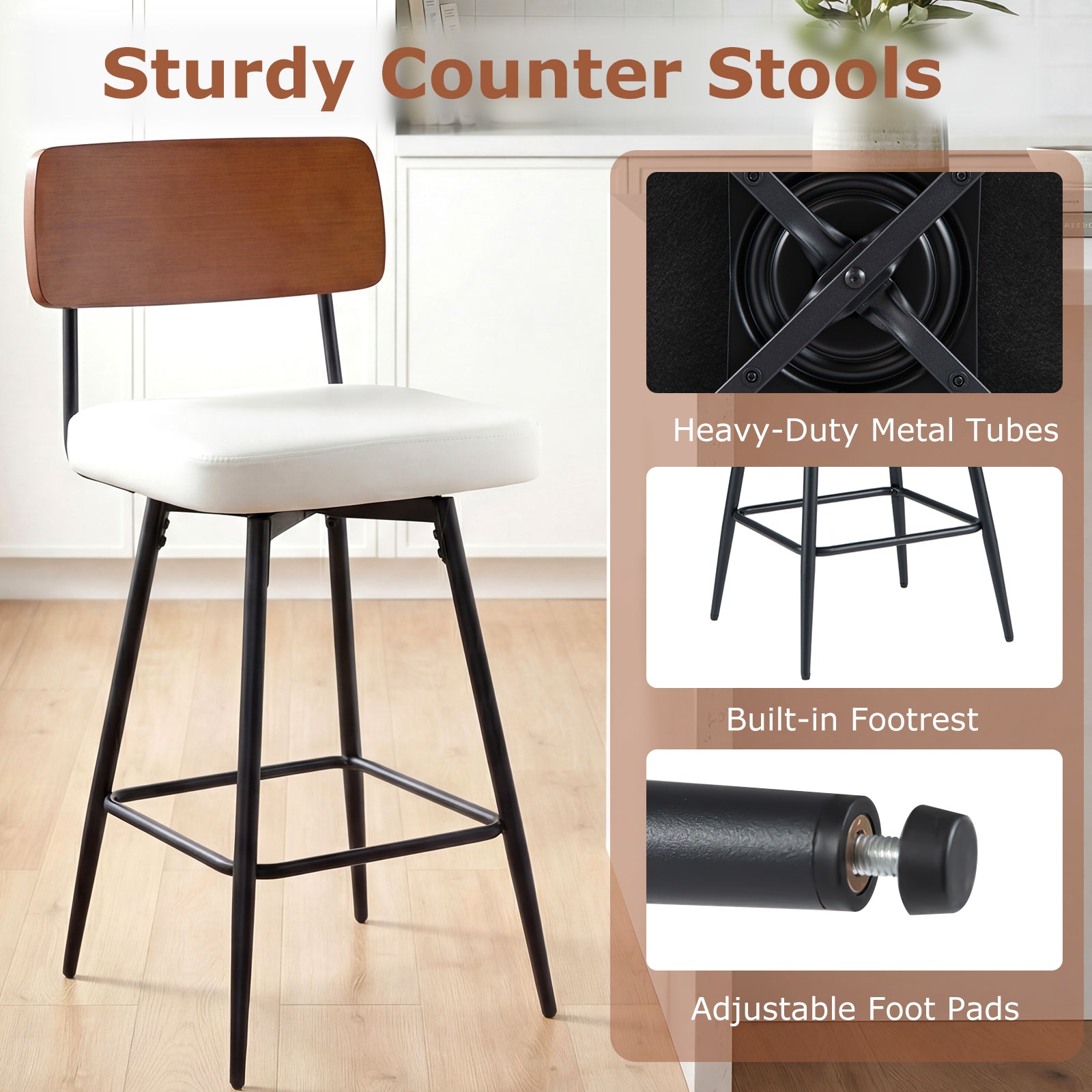 27 Inch Padded Counter Barstools Set of 2 with Metal Legs-White