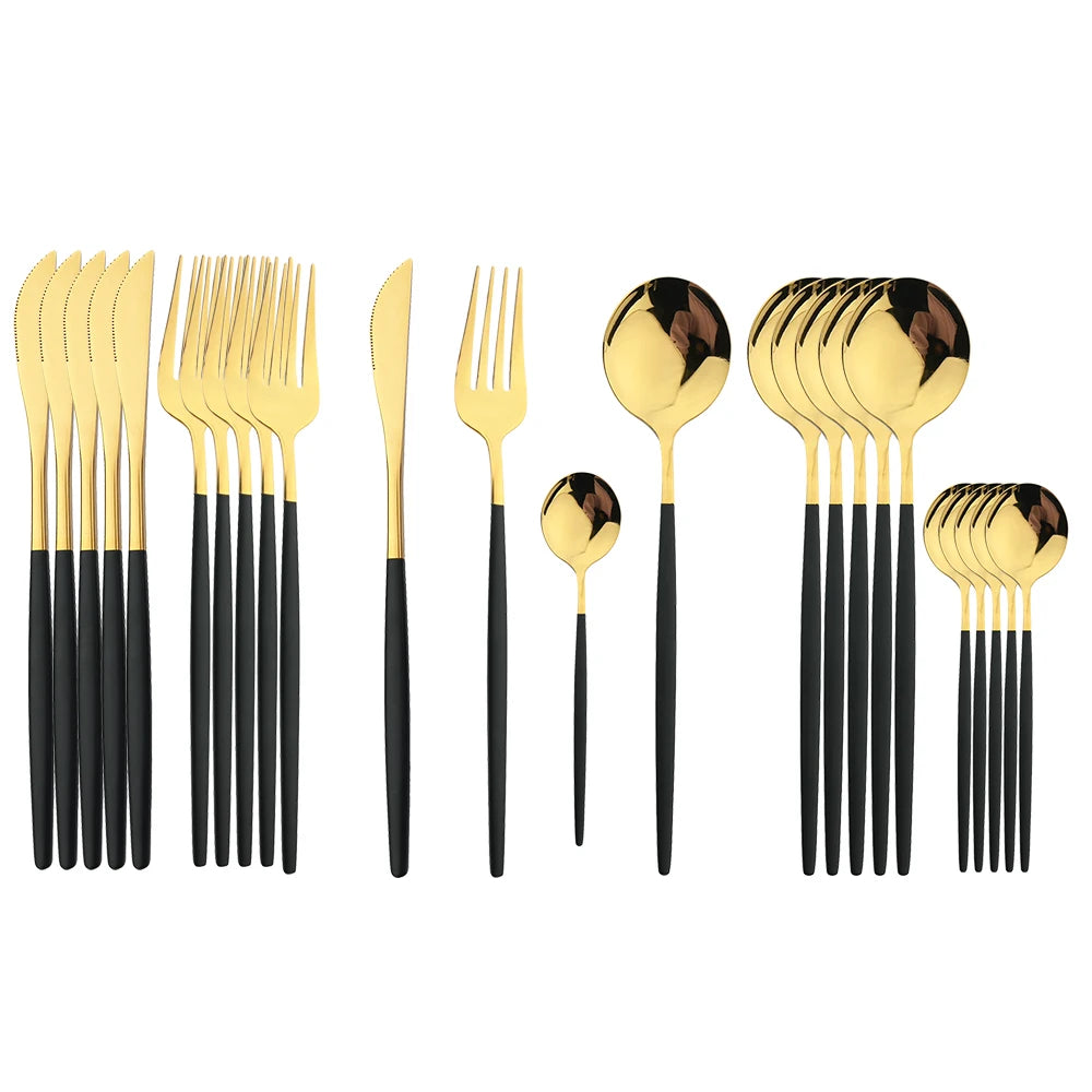 24-Piece Black Handle Gold Stainless Steel Cutlery Set