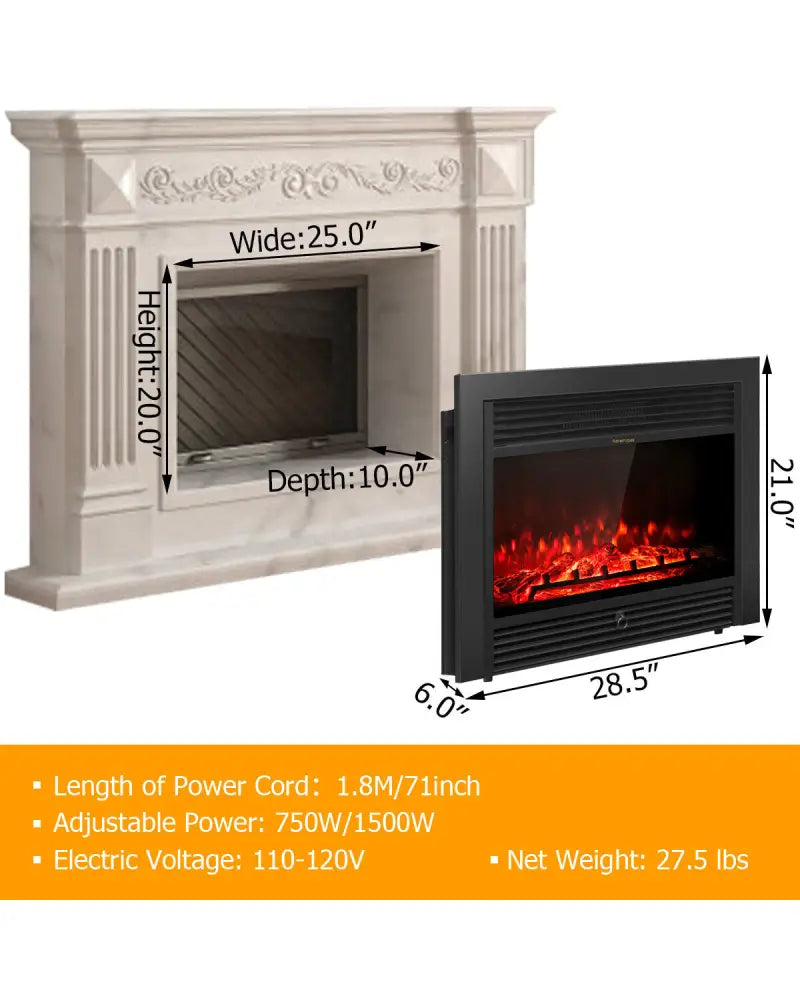 28.5 Inch Electric Fireplace Recessed with 3 Flame Colors - Black - Fireplaces