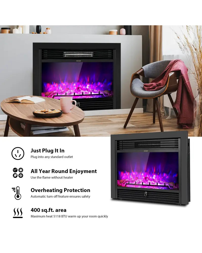 28.5 Inch Electric Fireplace Recessed with 3 Flame Colors - Black - Fireplaces