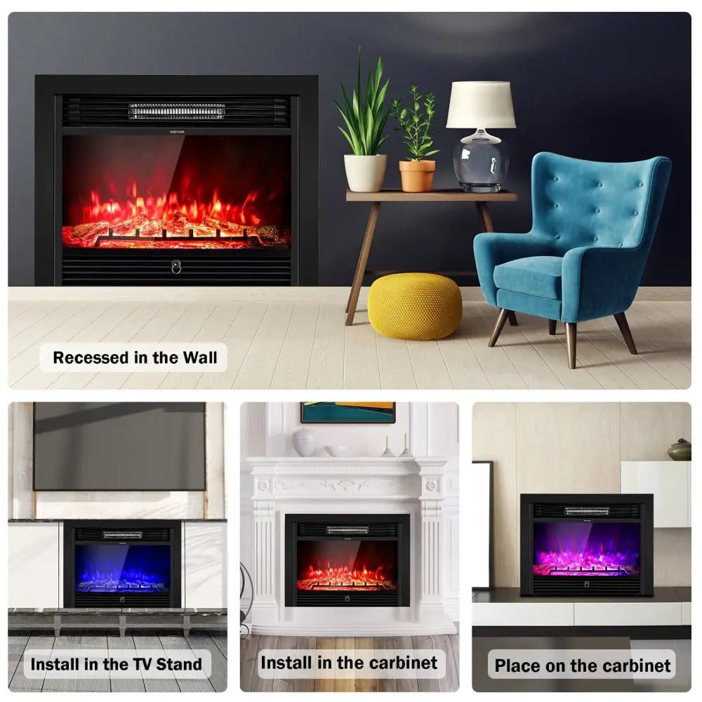 28.5 Inch Electric Fireplace Recessed with 3 Flame Colors - Black - Fireplaces