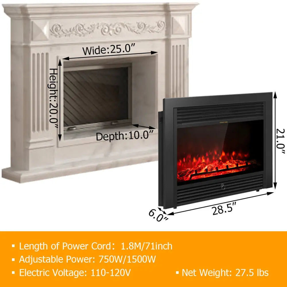 28.5 Inch Electric Fireplace Recessed with 3 Flame Colors - Black - Fireplaces
