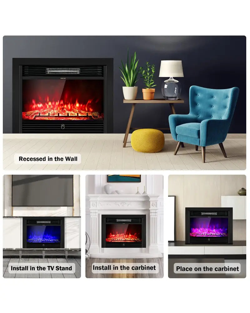 28.5 Inch Electric Fireplace Recessed with 3 Flame Colors - Black - Fireplaces
