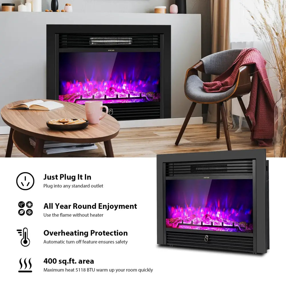 28.5 Inch Electric Fireplace Recessed with 3 Flame Colors - Black - Fireplaces