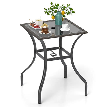 28.5 Inch Outdoor Patio Square Glass Top Table with Rattan Edging - Brown - Patio Bar Furniture