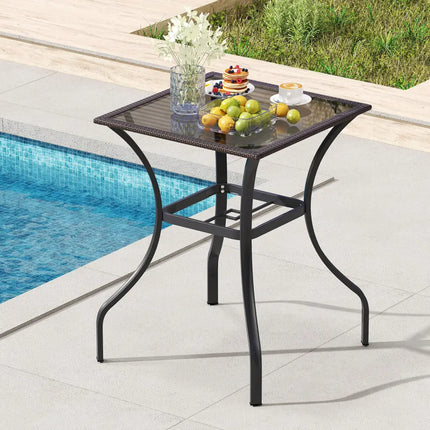 28.5 Inch Outdoor Patio Square Glass Top Table with Rattan Edging - Brown - Patio Bar Furniture