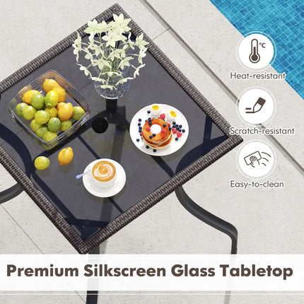 28.5 Inch Outdoor Patio Square Glass Top Table with Rattan Edging - Brown - Patio Bar Furniture