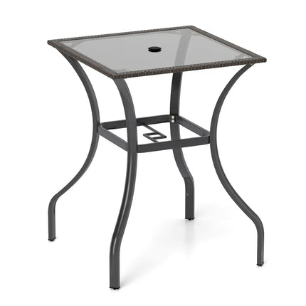 28.5 Inch Outdoor Patio Square Glass Top Table with Rattan Edging - Brown - Patio Bar Furniture