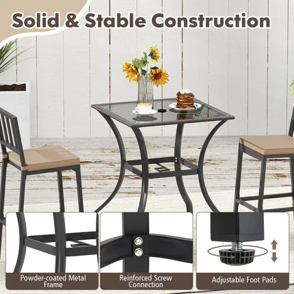 28.5 Inch Outdoor Patio Square Glass Top Table with Rattan Edging - Brown - Patio Bar Furniture