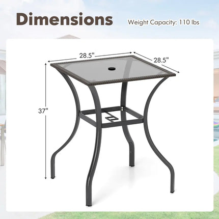 28.5 Inch Outdoor Patio Square Glass Top Table with Rattan Edging - Brown - Patio Bar Furniture
