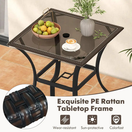 28.5 Inch Outdoor Patio Square Glass Top Table with Rattan Edging - Brown - Patio Bar Furniture
