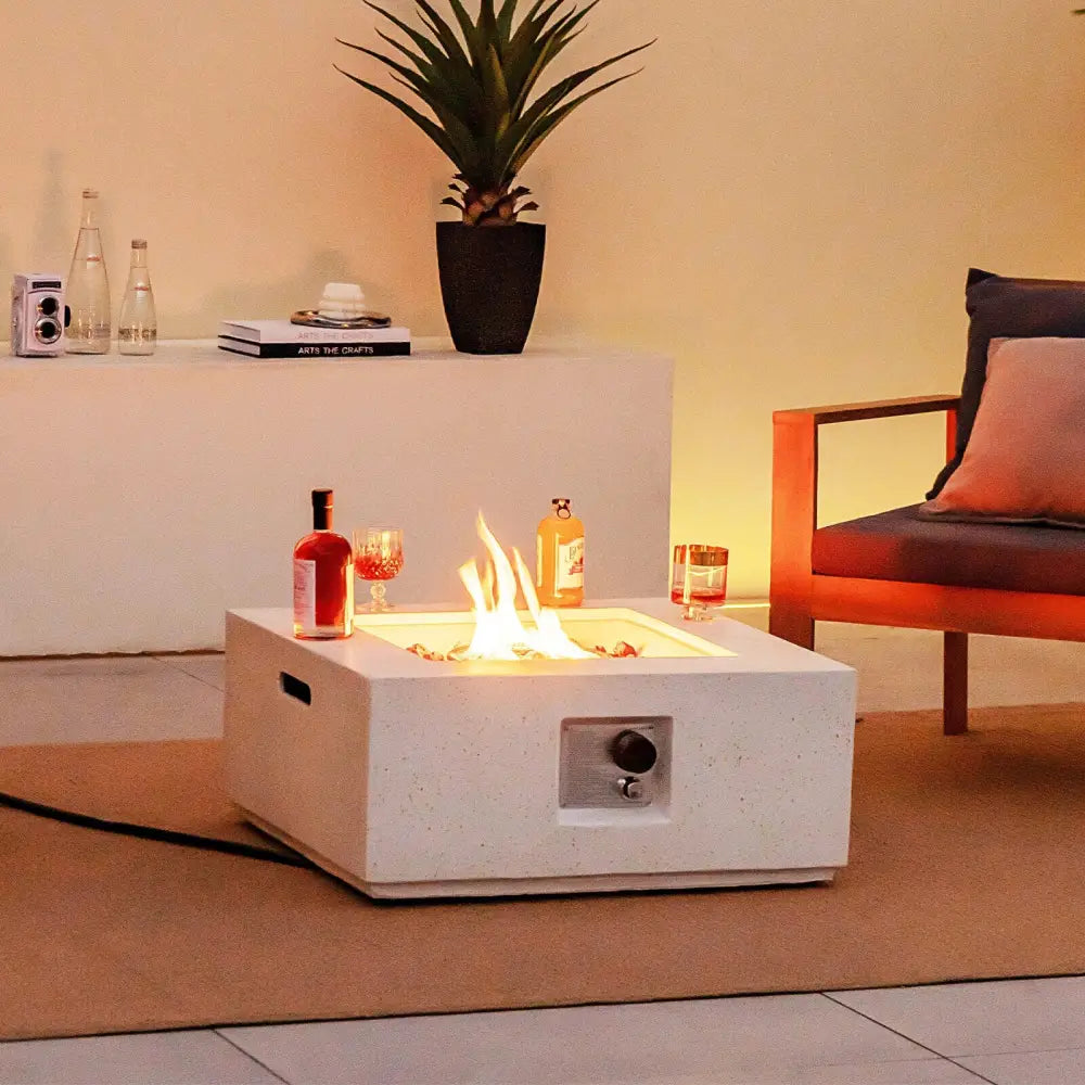 28 Inch 40000 BTU Square Propane Gas Fire Pit with PVC Cover-White - White - Fire Pit Tables