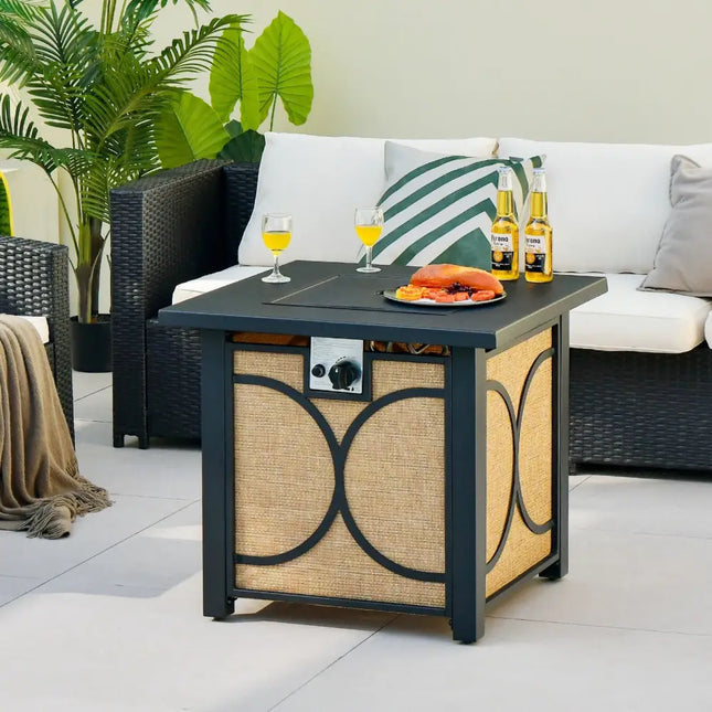 28 Inch 50000 BTU Outdoor Square Fire Pit Table with Cover - Black - Fire Pit Tables