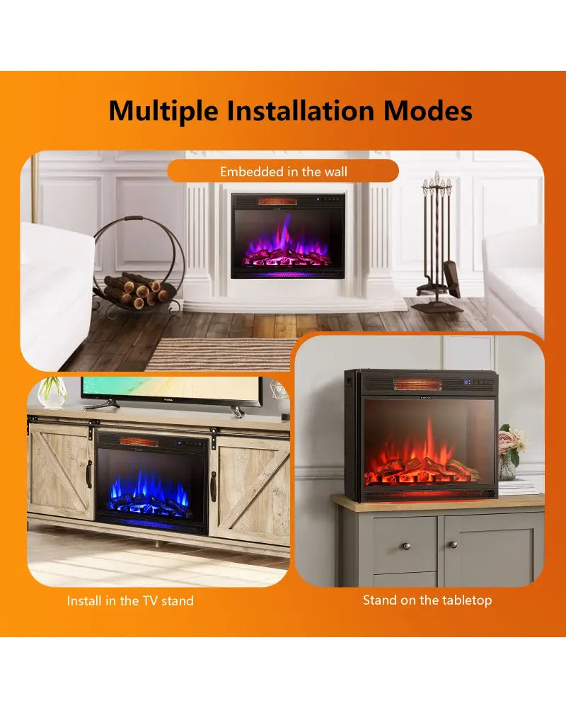 28 Inch Electric Freestanding and Recessed Fireplace with Remote - Black - Fireplaces