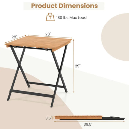 28 Inch Patio Folding Square Table with Slatted Tabletop for Backyard Porch - Patio Dining Tables