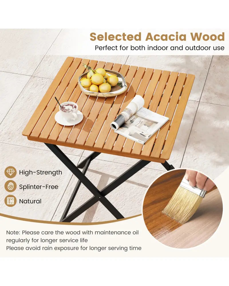 28 Inch Patio Folding Square Table with Slatted Tabletop for Backyard Porch - Patio Dining Tables