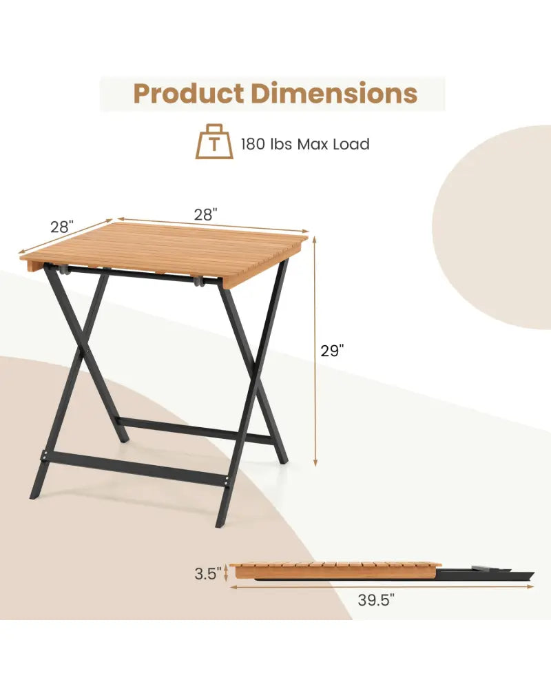 28 Inch Patio Folding Square Table with Slatted Tabletop for Backyard Porch - Patio Dining Tables
