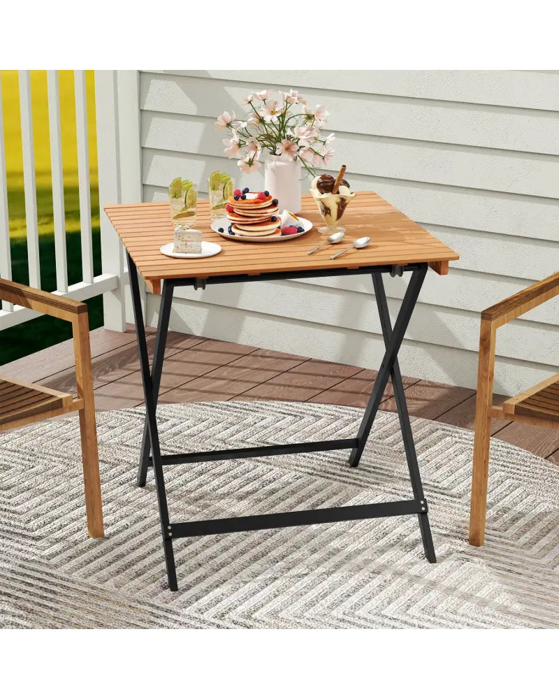 28 Inch Patio Folding Square Table with Slatted Tabletop for Backyard Porch - Patio Dining Tables