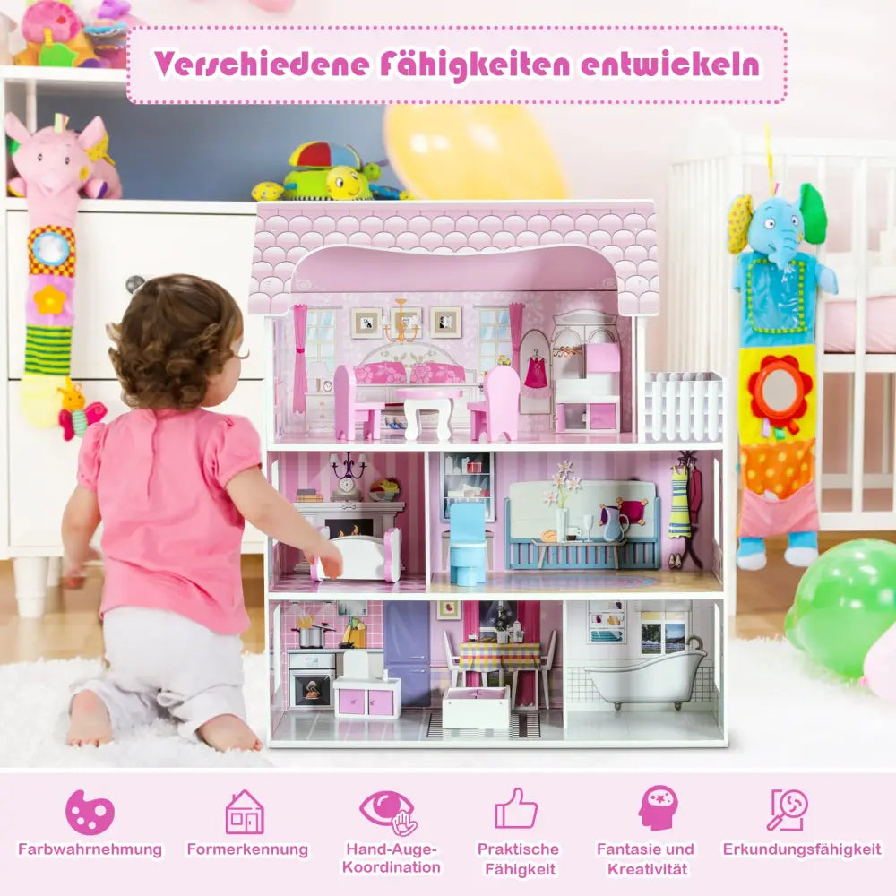 28 Inch Pink Dollhouse with Furniture - Pink - Play Tents & Playhouse