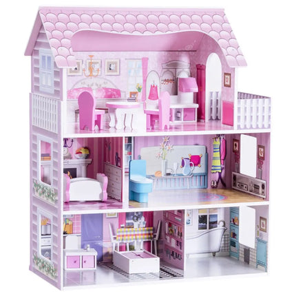 28 Inch Pink Dollhouse with Furniture - Pink - Play Tents & Playhouse